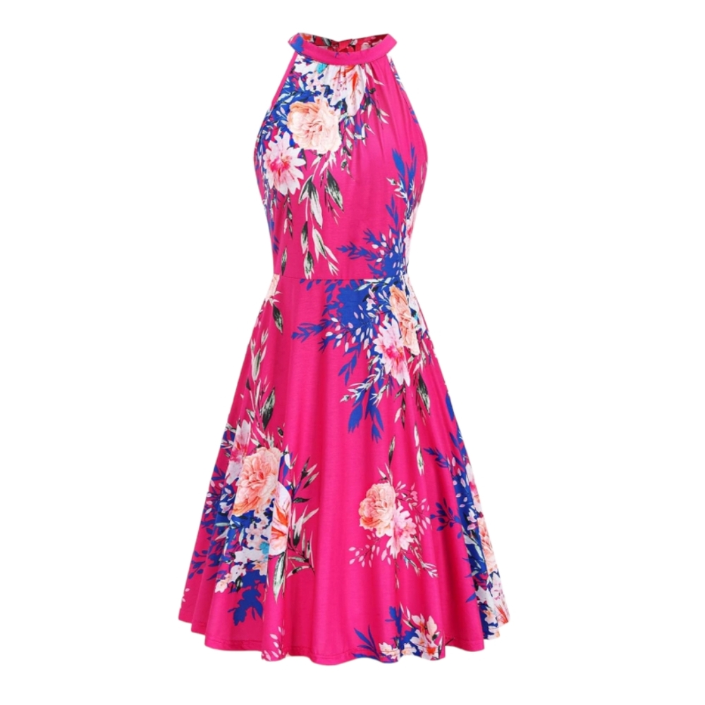Halter Sundress, Midi Floral Summer Dress, Tie Bow Neck, Stretchy, S, Hot Pink